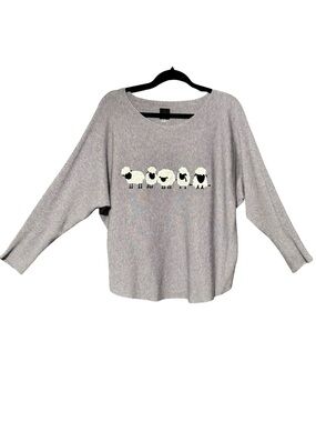 Aaeda Gray Sheep Appliqué Embroidered Soft Dolman Sleeve Cottagecore Sweater